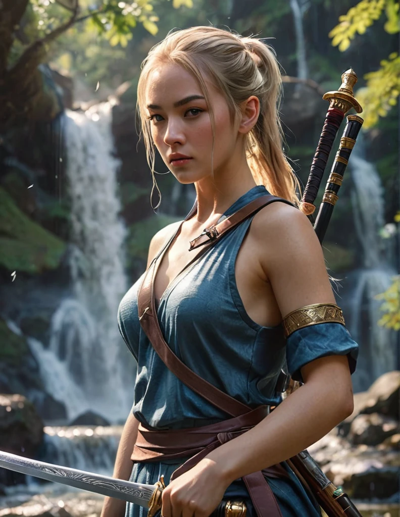 (masterpiece, top quality, best quality, ,ultra highres,8k, ,wallpaper, RAW, intricate details, sharp focus, natural lighting, realistic, professional, delicate, amazing finely detailed, Beautiful and beautiful:1.2), (1 girl:1.3),Very detailed,(rich and colorful:1.1),A beautiful woman, blonde hair ponytail style, assassin/waterfall, soft light,arms,sword,bow