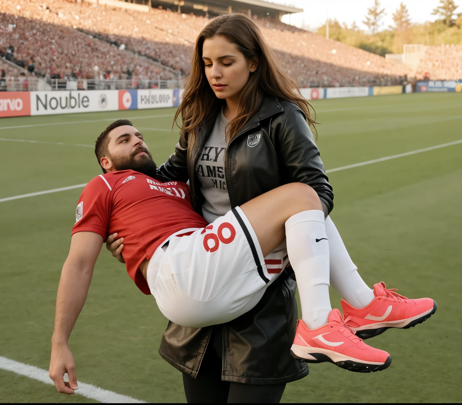 a passed out bearded man is being carried, a fainted bearded man is carried by a girl, a consciousless bearded man gets carried by a woman, , a woman and a bearded man, Andrea carries the wounded man's body in her hands, Andrea grabs his legs and his body with her hands, the bearded man in Andrea's arms is visibly in pain, stadium atmosphere, the bearded man is lying consciousless in Andrea's arms with one arm hanging down, A scene at a soccer stadium, a bearded man lying in a caring women's arms, lying helpless in her arms with his head dangling down, he has one arm dangling down while being carried in the women's arms, There is an attractive and heavily made-up woman in a long black leather coat, A pretty woman in a shiny black leather coat on a soccer field, A wonderful woman is holding a passed out man, A man in matt and roughened sportswear is held diagonal in her arms, a man in a woman's arms and lets one arm dangling down, we see the man held in front of the woman's body, the man is cradled in the woman's arm while being carried, the beautiful woman is exceptionally heavily made up and has an extremely desperate and very angry expression on her face, high-resolution photo, realistic sports photo, soccer scene, woman in black shiny long leather coat, injury scene, real photo, ultra realistic, high definition, sports photography