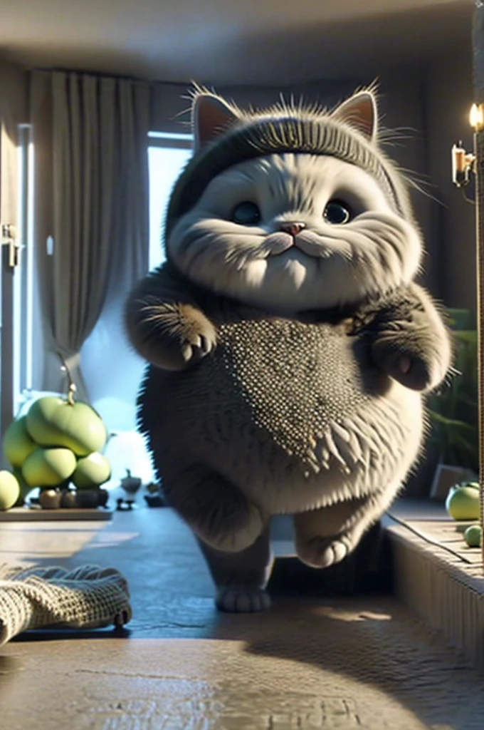 photorealistic image of the cat Hippopotamus from the work "The Master and Margarita", cat the size of a human, completely black, highly detailed, stands in the room in front of a floor-mounted rotating full-length mirror, the cat looks at him with his back turned half a turn, its display is the main detail of the entire image, room in a Moscow apartment, decoration in the style of the 60s of the 20th century, with many details