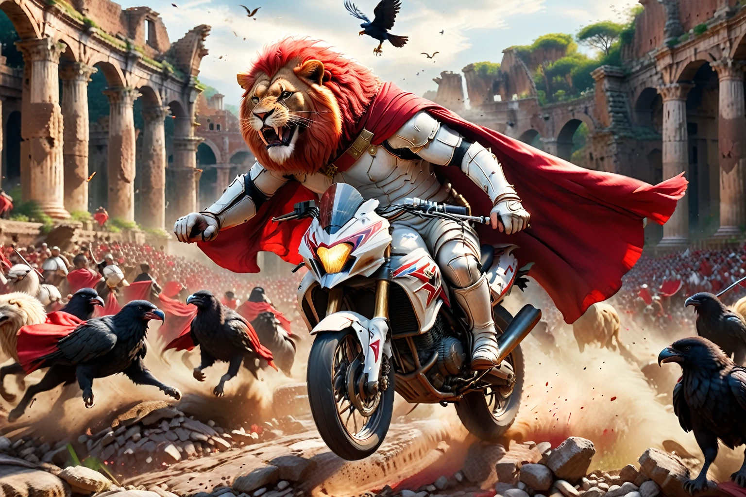 A Roman gladiator in sleek white armor and red cape, riding a red and black lion-shaped Suzuki power bike through the crowded ruins of a colosseum, surrounded by crows, with motion blur, flying rocks, and mounted soldiers and lions in the background, in the style of renaissance art and impressionism, close-up view, (best quality,4k,8k,highres,masterpiece:1.2),ultra-detailed,(realistic,photorealistic,photo-realistic:1.37),HDR,UHD,studio lighting,ultra-fine painting,sharp focus,physically-based rendering,extreme detail description,professional,vivid colors,bokeh