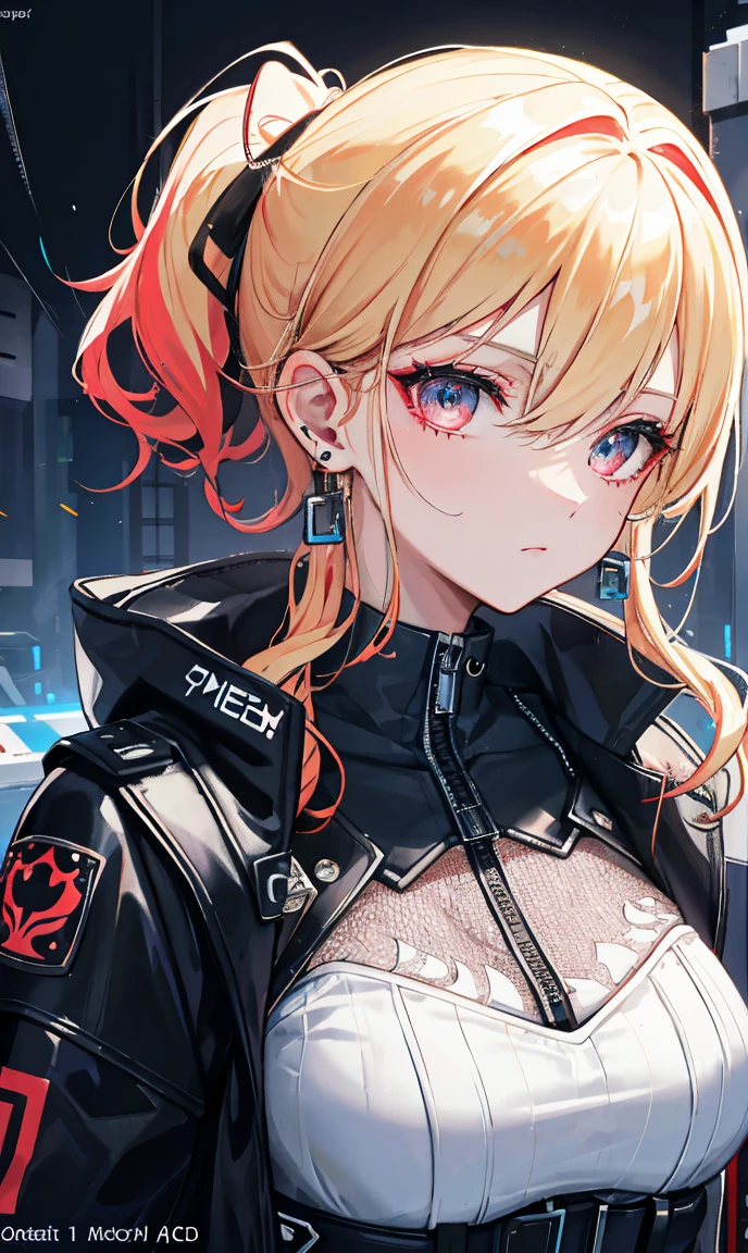 (chedevr,side slits,Beautiful eyes:1.2),(chedevr*sports),sports,busts),realistic,anatomically correct,3D face,juicy skin,(One),Dyeing blonde hair and a pickaxe,Gradient hair,(face close up),Beautiful face,(Scarlet eyes, like a fire opal),Drooping corners of the eyes,((high skin detail,visible pores)),(Perfect body),cyberpunk beautiful girl,,(()),((Storm jacket)),(stud earrings),(Lace),very short gloves,(chain),a knife, hanging on his chest,(Laser material clothing:1.2)