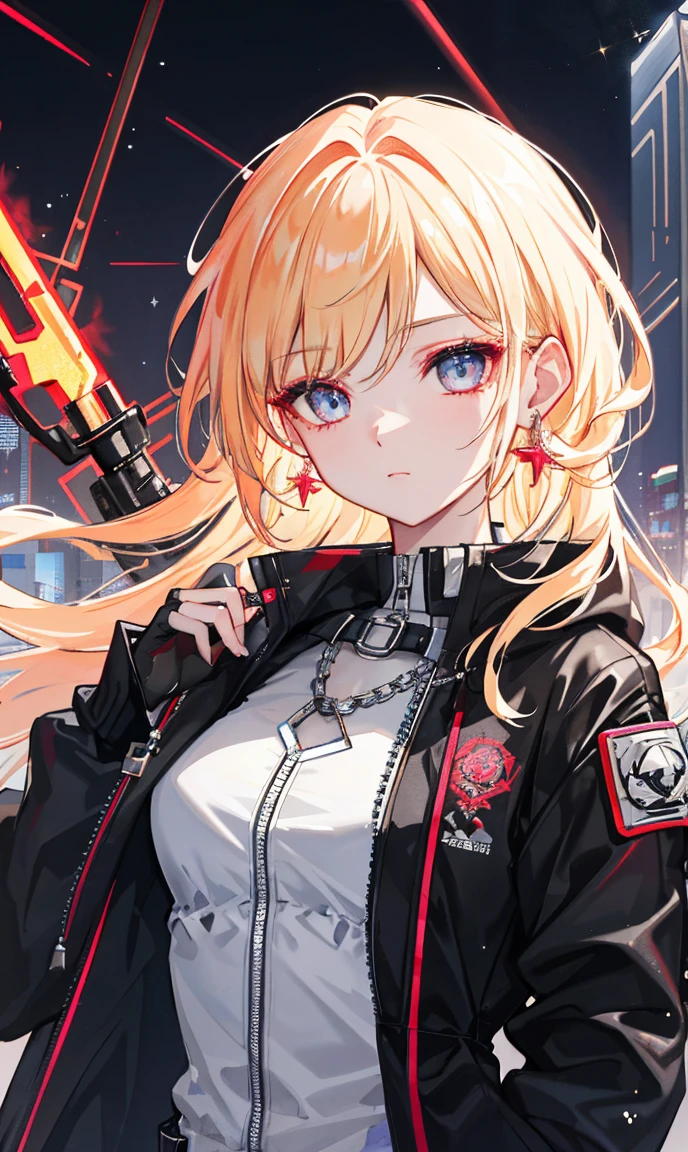 (chedevr,side slits,Beautiful eyes:1.2),(chedevr*sports),sports,busts),realistic,anatomically correct,3D face,juicy skin,(One),Dyeing blonde hair and a pickaxe,Gradient hair,(face close up),Beautiful face,(Scarlet eyes, like a fire opal),Drooping corners of the eyes,((high skin detail,visible pores)),(Perfect body),cyberpunk beautiful girl,,(()),((Storm jacket)),(stud earrings),(Lace),very short gloves,(chain),a knife, hanging on his chest,(Laser material clothing:1.2)