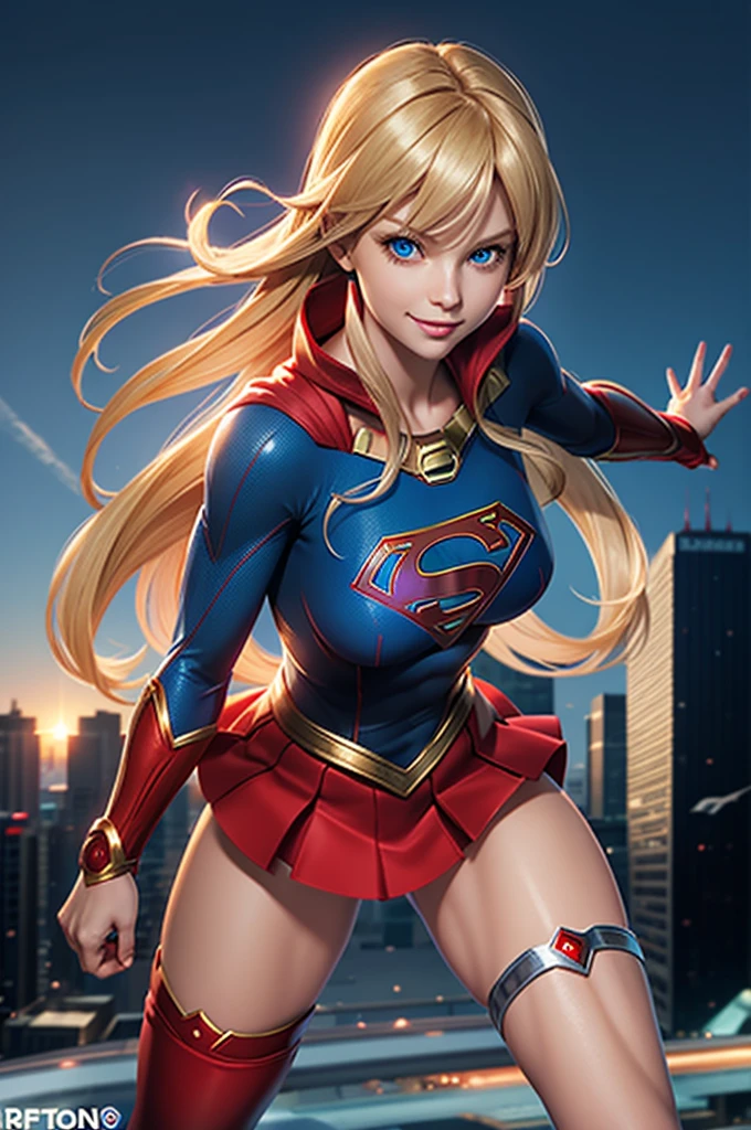 The character Supergirl, extremely realistic costume, red mini skirt, perfect blue eyes, extremely realistic anatomy, shy smile, beautiful woman, beautiful blond hair , perfect fingers, extremely realistic anatomy