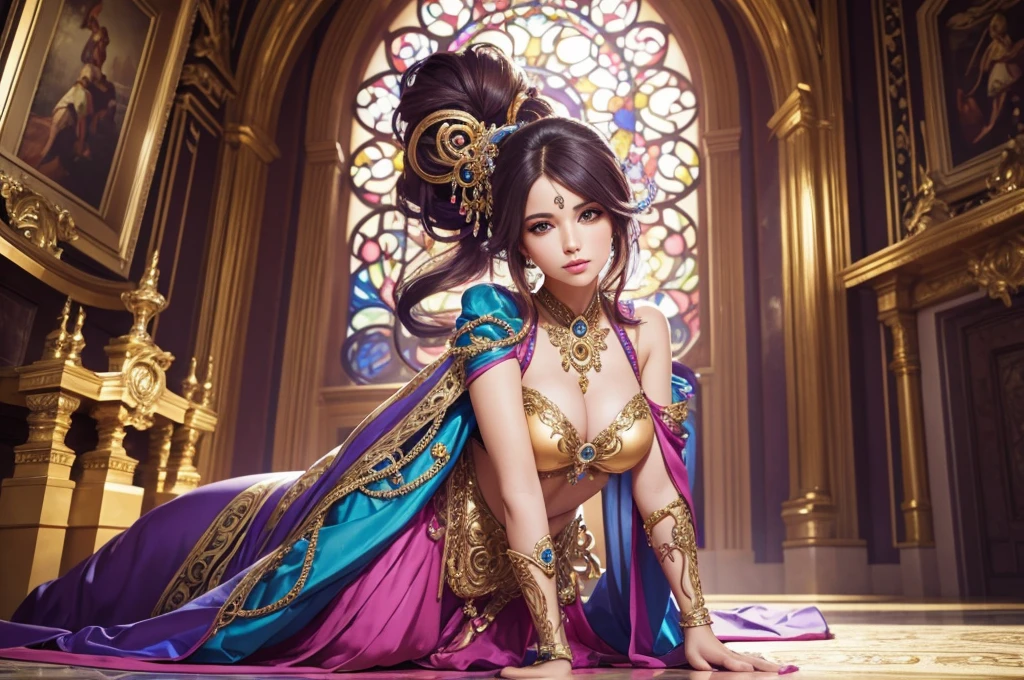 Beautiful girl in colorful futuristic clothes with baroque elements, clear details, Ideal figure, seductive pose