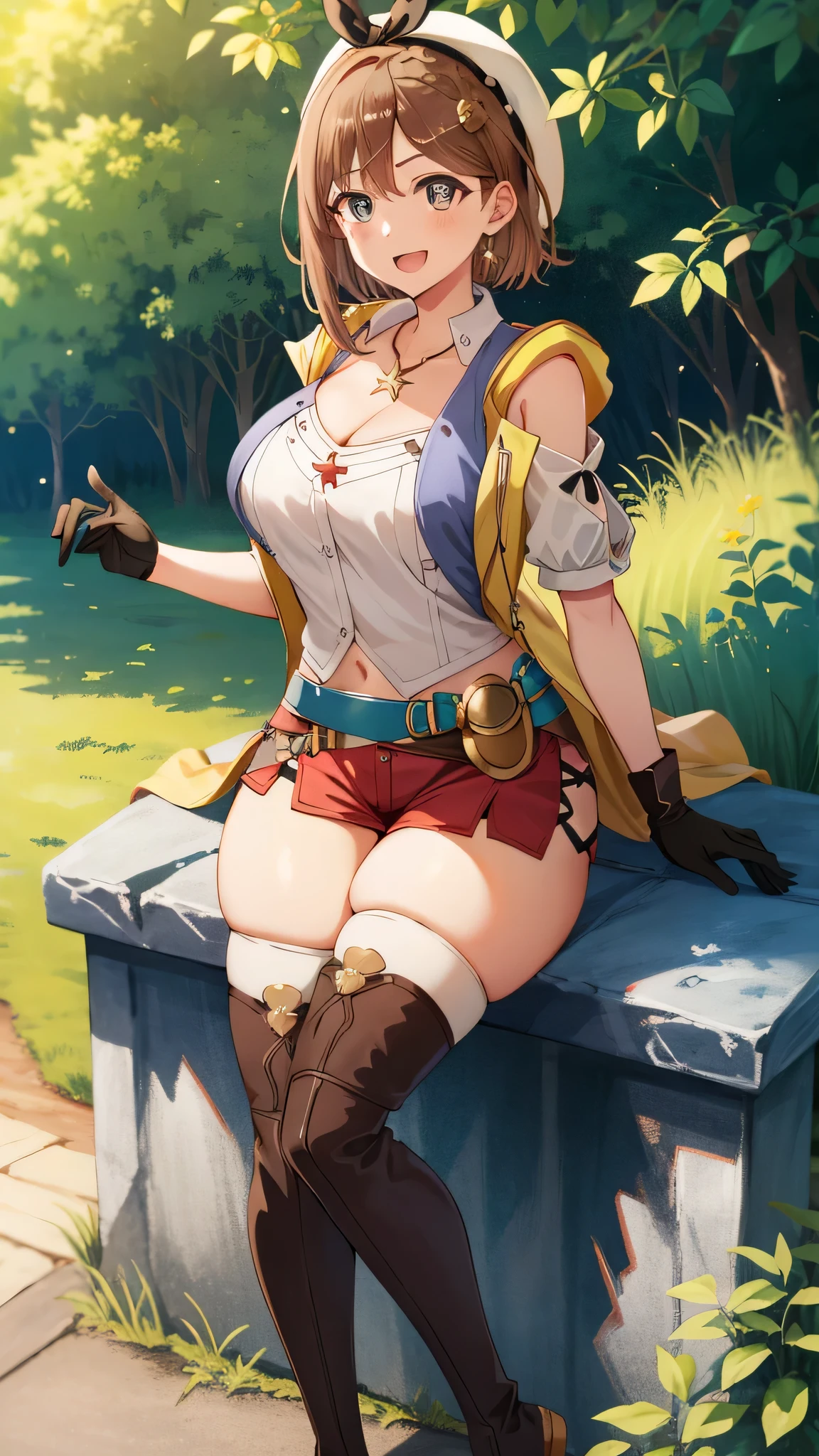 {{{masterpiece}}}, {{{best quality}}}, {{ultra-detailed}}, {illustration}, {{an extremely delicate and beautiful}}, (beautiful detailed eyes:1.6), extremely detailed face, 8k, anime face, Reisalin Stout(Atelier Ryza), ryza, 1girl, solo, hat, white headwear, head ribbon, brown hair, hair ornament, hairclip, brown eyes, large breasts, plump thighs, BREAK, {{{1stDefault}}}, First Clothing, shorts, gloves, belt, jewelry, red shorts, thighhighs, short shorts, bridal legwear, necklace, single glove, star necklace, toeless footwear, leather, star (symbol), brown gloves, boots, short hair, thighs, leather belt, brown belt, flask, leather gloves, jacket, blue belt, navel, thigh boots, sleeveless jacket, thigh pouch, white thighhighs, collarbone, yellow jacket, brown footwear, cleavage, thighs, zettai ryouiki, BREAK, sorriso alegre, open mouth, visual anime de uma jovem mulher, extremamente bonito rosto de anime, anime melhor garota, sorriso astuto, outdoor, sky, daytime, forest, field