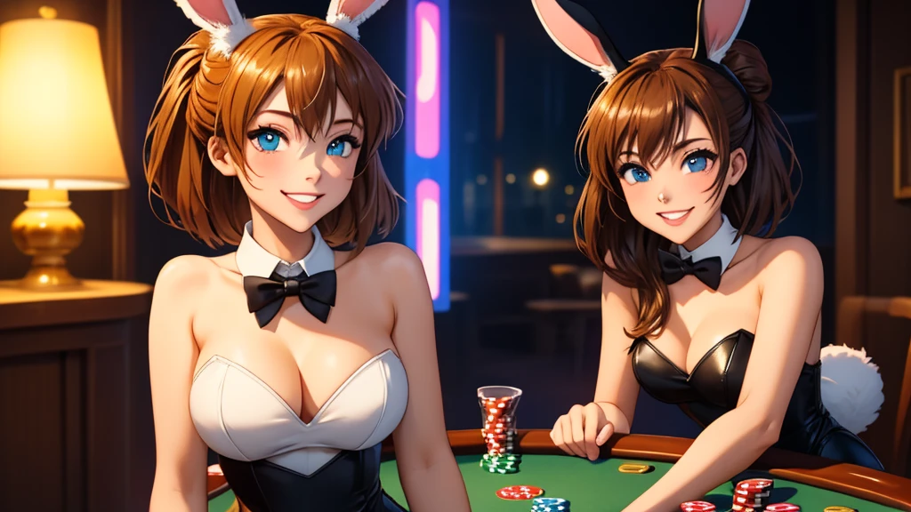 masterpiece, best quality, 1girl, solo, Soryu Asuka Langley, Random pose, looking at viewer, breasts, playful, smiling, mature female, collarbone, janeporter, short hair, hair bun, playboy bunny, detached collar, fake animal ears, rabbit ears, rabbit tail, cyberpunk, neon lights, indoors, casino, yellow leotard, bowtie, depth of field,