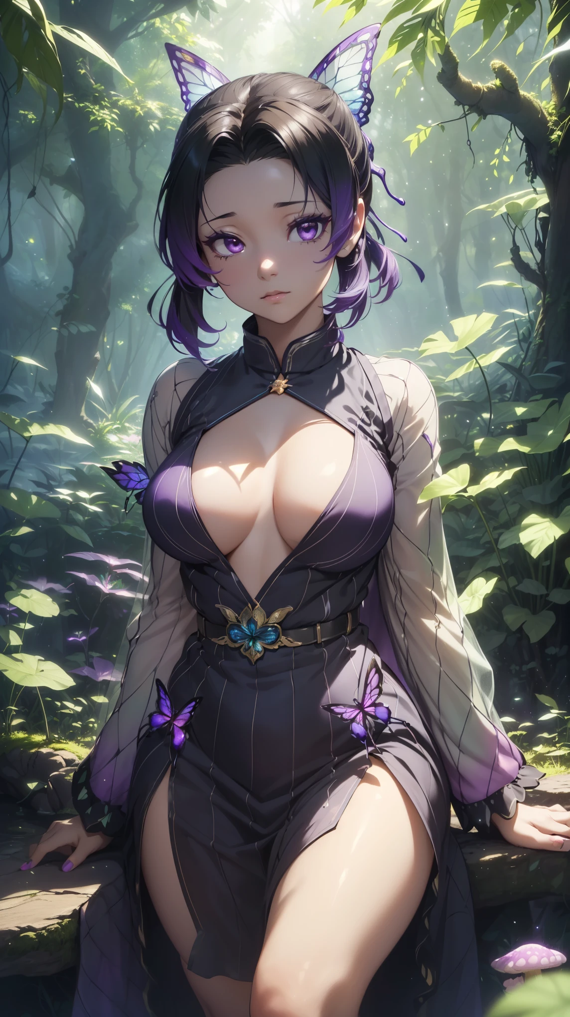 cleavage，A masterpiece, the best quality, stunning reflections, the best reflections ever. (very detailed CG unity 8k wallpaperest quality), (best illustrationest shadoworest theme with natural elements. Tall trees, quiet streams, small glowing mushrooms surrounded by delicate leaves and branches, with fireflies and glowing particle effects,, (natural elements), (jungle theme), (leaves), (twigireflieutterflies, (delicate leaves), (glow), (particle effects). , Isometric 3D, Octane Rendering, Ray Traced, Super Detailed, 1 girl, Shinobu kocho demon slayer, shinning purple eyes, purple hair, Graceful, beautiful face, detailed face, Shining butterflies landed on her elegant clothes,（Very detailed CG unity 8K wallpaper).