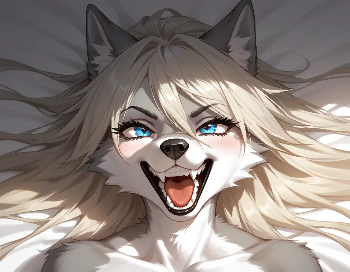 score_9,score_8_up,score_7_up, source_furry, a tall female wolf anthro, furry, gray snout, black nose, blue eyes, athletic body, short spiked undercut platinum blonde hair, black lips, wolf tail, wolf ears, lying on a bed, ahegao, portrait, clenched canine teeth, sharp canine teeth, front view, lying on back, (face focus), long hair, gray fur, grabbing sheets, happy, clenched teeth, smile,