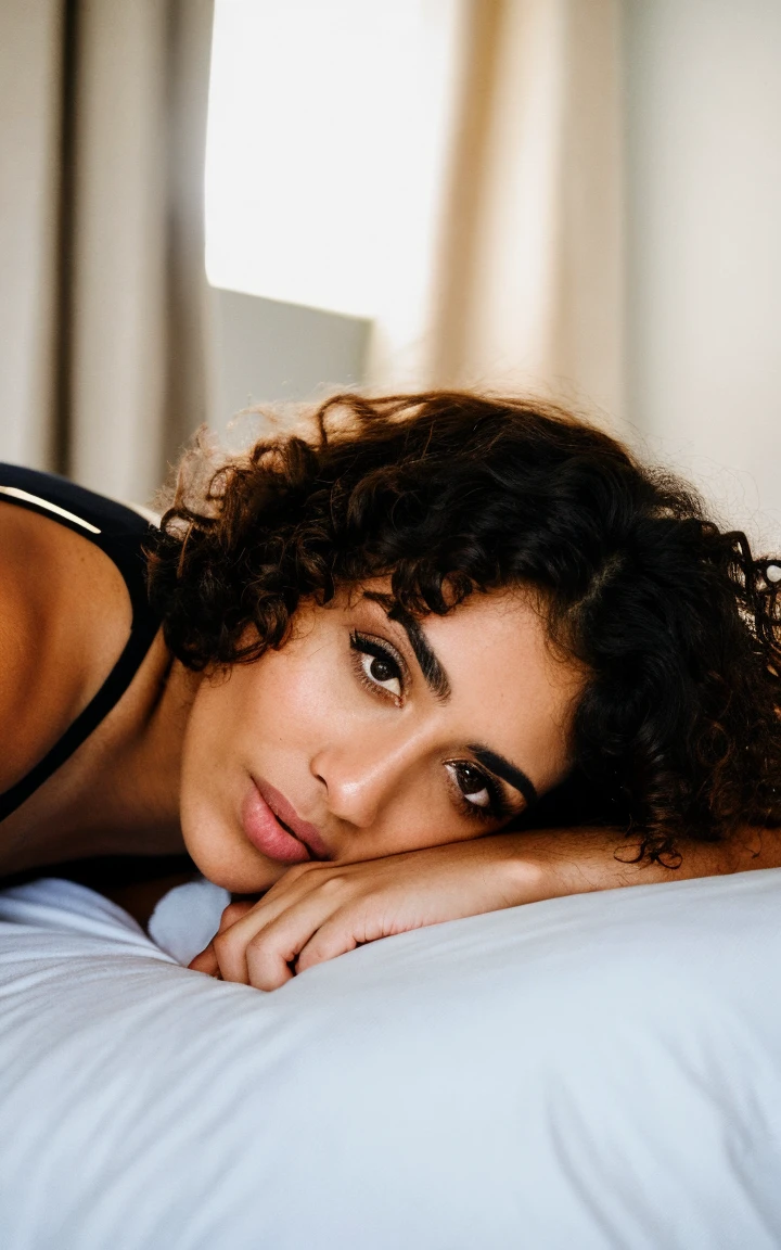 photograph, raw photo, beautiful 28 yo Arab woman with curly hair, lying on a bed,extremely detailed face,full body,naked,thick,detailed skin texture & pores, (goosebumbs:0.7), looking at viewer, closeup, film grain