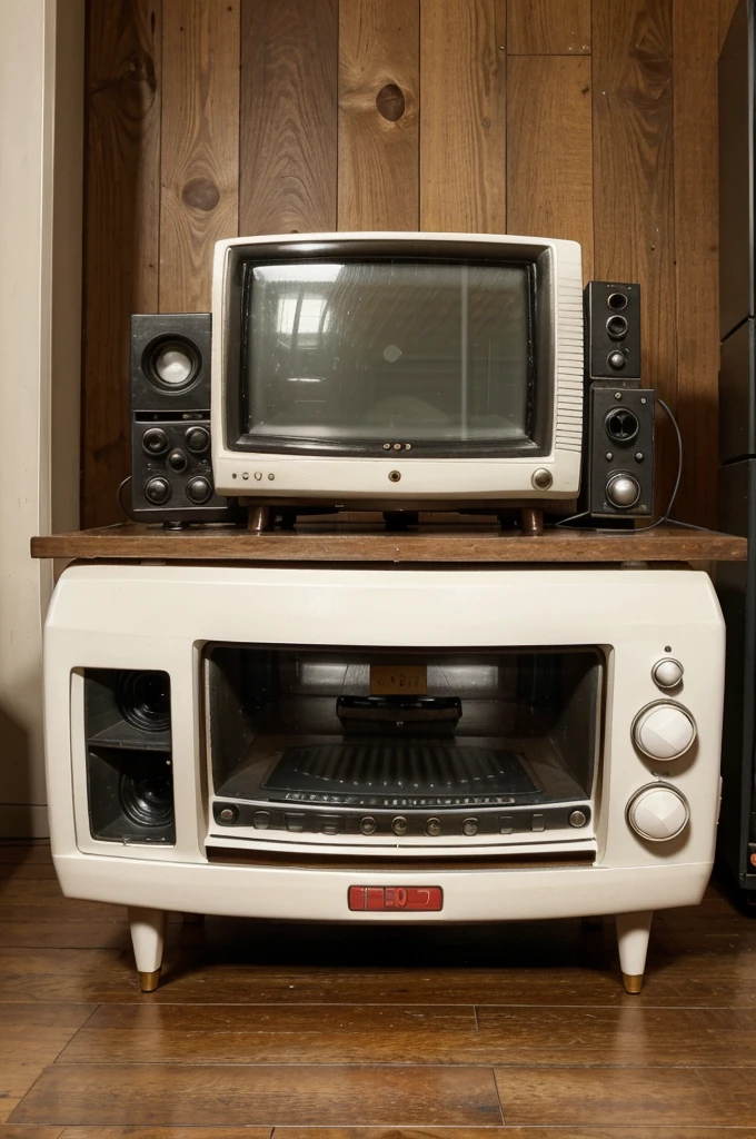 Front view of an old television set, vintage design with buttons and antennas, placed on top of a small wooden table, front view, high resolution, photorealistic, background: 100% white