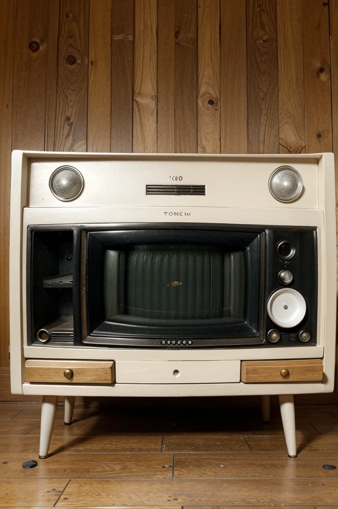 Front view of an old television set, vintage design with buttons and antennas, placed on top of a small wooden table, front view, high resolution, photorealistic, background: 100% white