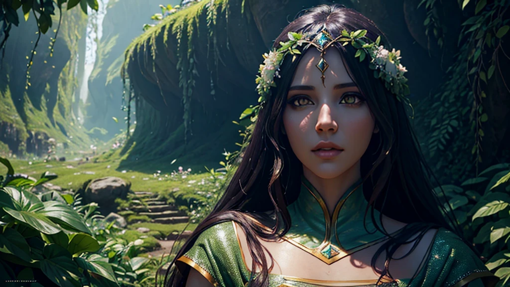 a beautiful albedo standing in an ethereal landscape, extremely detailed face and eyes, beautiful intricate dress, sunlight shimmering on her skin, serene expression, lush foliage and flowers in the background, cinematic lighting, epic fantasy art, vibrant colors, photorealistic