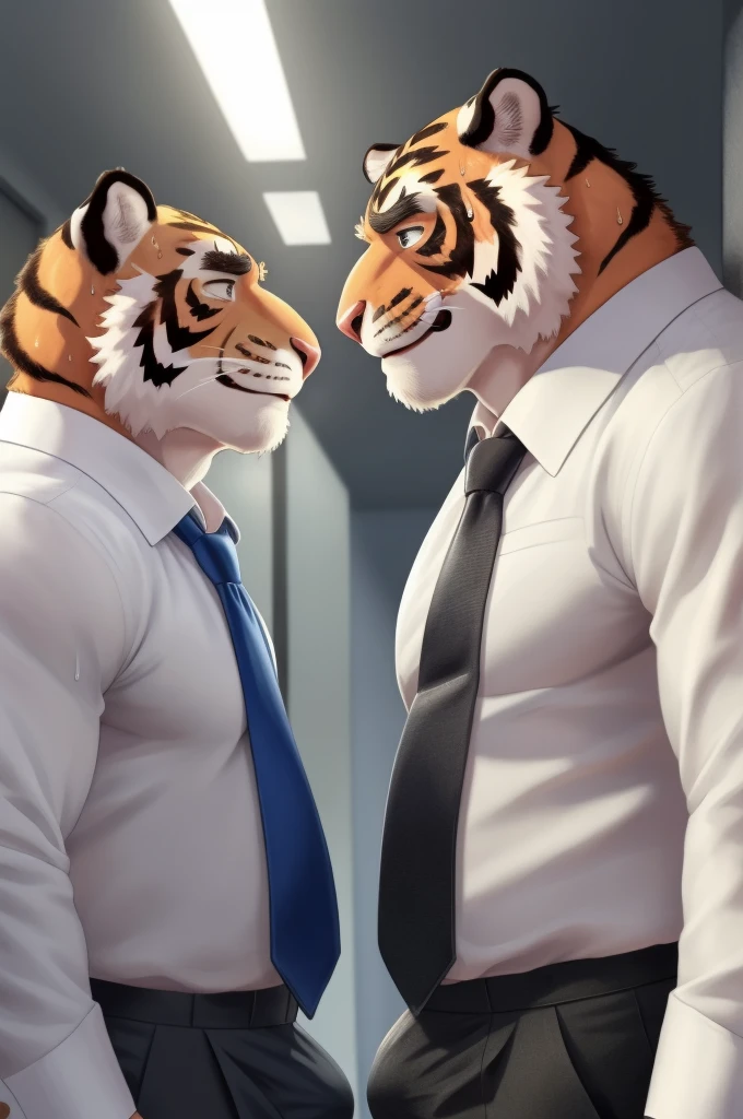 Author: bontiage, (2 boy), tiger, big bulge crotch, boner, Black pants, (sweat:1.6), long sleeve plain White shirt, Blue necktie, Men's Second, kemono, hot body, muscle, Beautiful, sexual, Attractive guy, (Detailed black eyes), brows, (masterpiece, A high resolution, Best quality), 4K, a male, Beautiful shadow, (red cheek:1.5), (Twins facing each other:1.5),front side, They both look exactly the same,  They're both wearing the exact same clothes