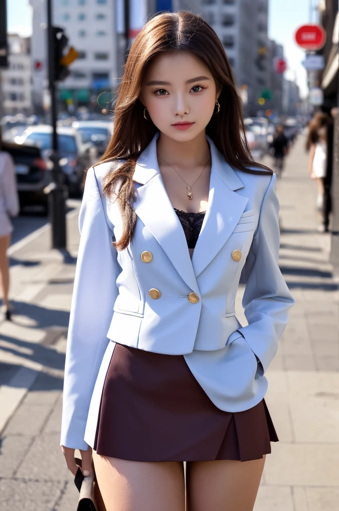 a 18 year old girl, she is the most beautiful actress in the world, the perfect body proportions of this girl, the blazer is firmly worn on the formal shirt which is covering her whole upper body, the panties between her legs are seen just a little thanks to the short skirt is too short, her bare thighs, standing, at the city street, best quality, highly detailed, masterpiece, ultra high res, photo realistic, 8k