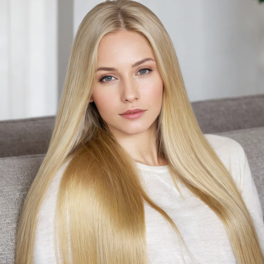 woman with blonde hair, on a sofa, long blonde hair, blonde hair, beautiful girl with long blonde hair, with blonde hair, long blonde hair, blonde straight hair, blonde hair, blonde hair, blonde loose hair, blonde hair, blonde hair , blonde hair (same face)