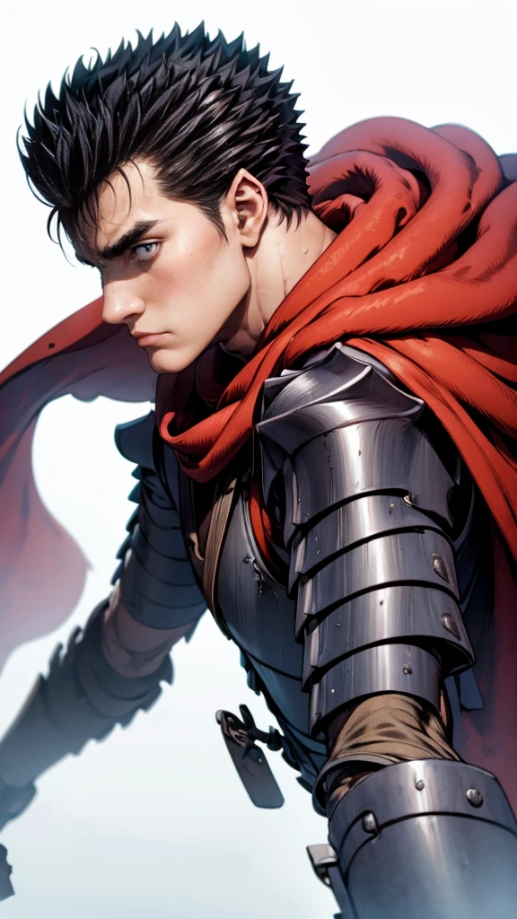 guts、Upper Body、anger、forest、Masterpiece、Highest quality、solo、Jet Black Armor、red cloak flowing in the wind、male、profile
