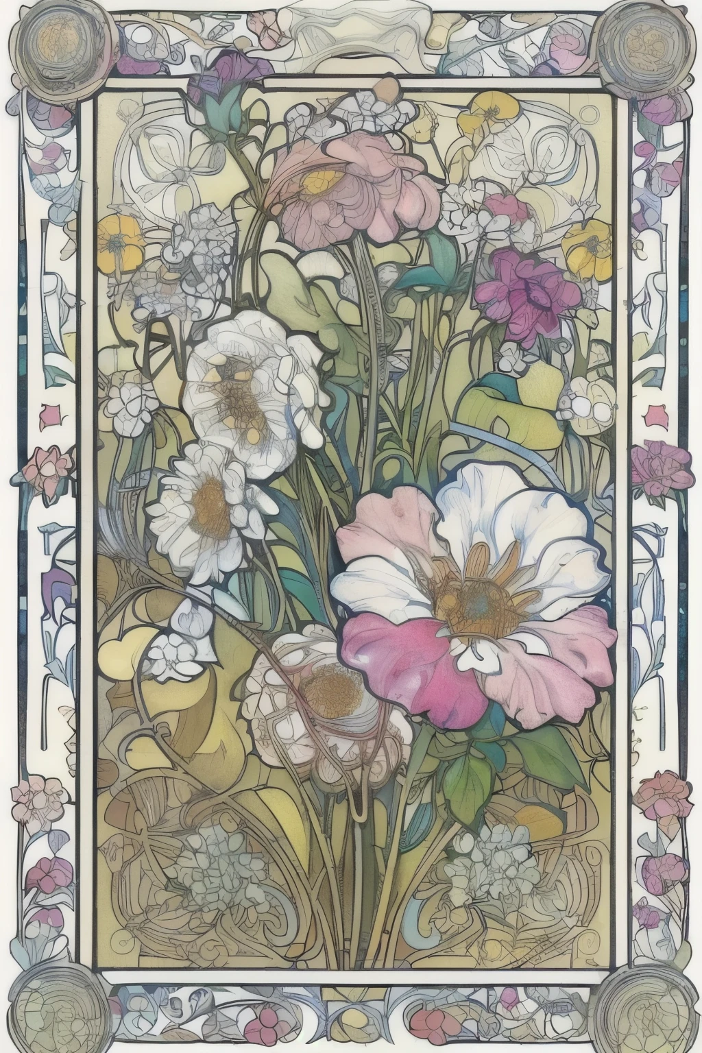 Flower Painting, Floral frame, Decorative panel, Abstract Art of Alphonse Mucha, sketchfab, 色や影のないLine artやシーン. (masterpiece, Better Quality, High resolution: 1.4), be familiar with, Intricate details, 4K, Color Splash, Line art, Fibonacci, 