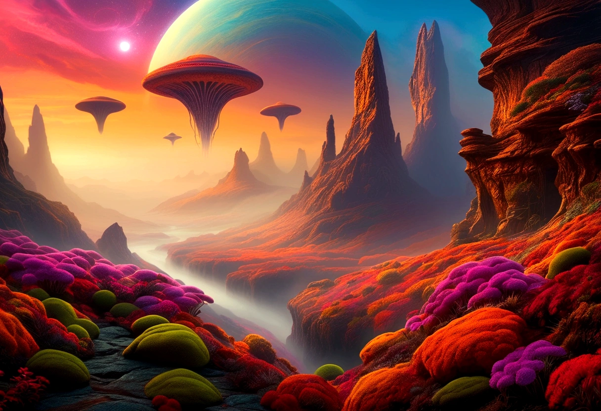 Science Fiction, Lush Alien Landscape, Vibrant flora, Mysterious rock formations, Atmospheric lighting, Fall, Misty mist, Distant Alien Skies,