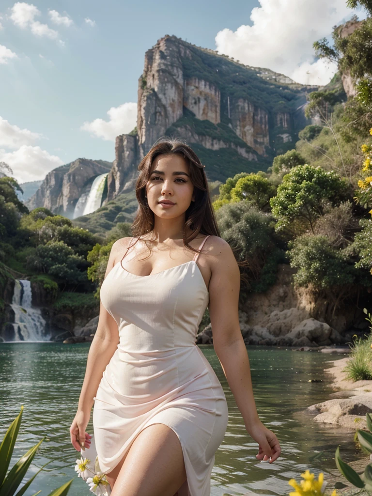 Arab dress, yellow dress, short dress (white), crocodile near the mountain, water near the grass, waterfall nearby, light green, bright flowers, red sky, wearing suit (white), lips (pink) Escasamente vestido, beautiful face Hermosa big hips shine in the sky, oval curves sonrisa seductora Retrato Gabriella Lin Rojo red-orange dress