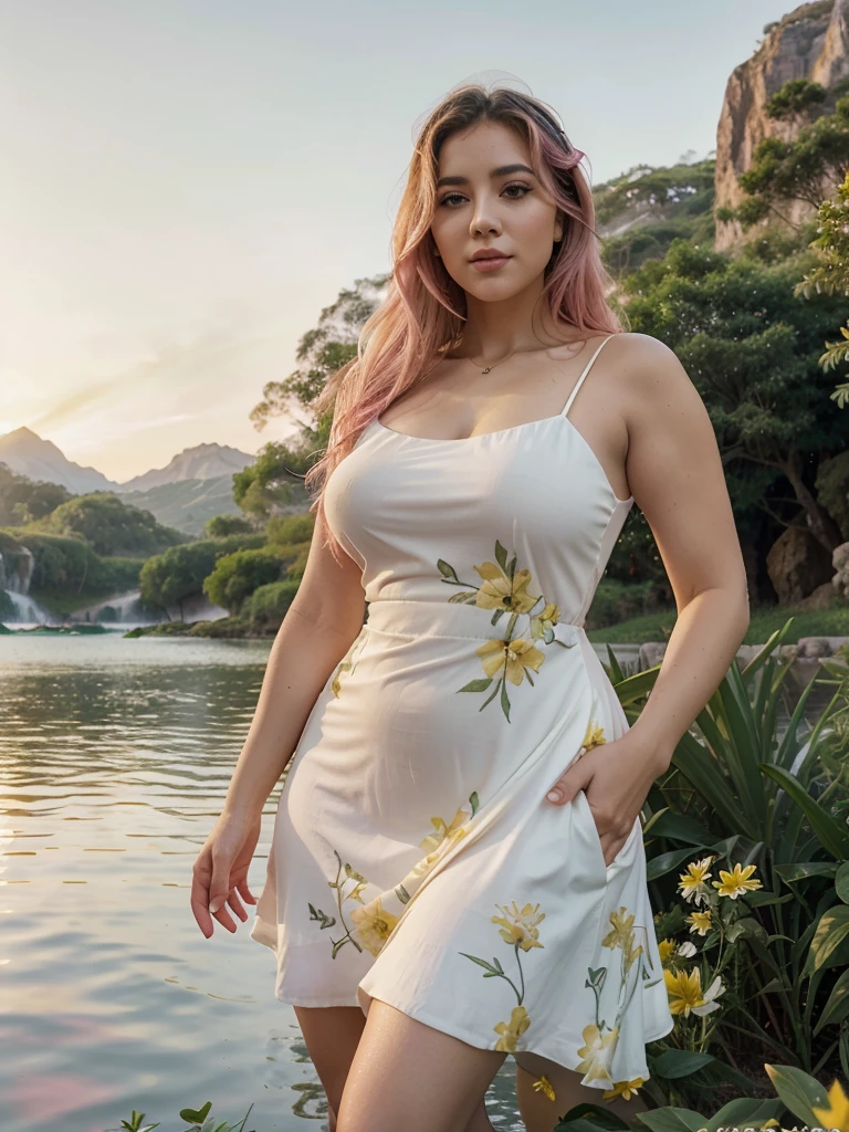 Arab dress, yellow dress, short dress (white), crocodile near the mountain, water near the grass, waterfall nearby, light green, bright flowers, red sky, wearing suit (white), lips (pink) Escasamente vestido, beautiful face Hermosa big hips shine in the sky, oval curves sonrisa seductora Retrato Gabriella Lin Rojo red-orange dress