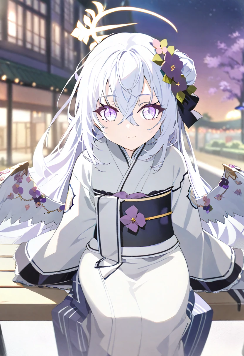 azusa \(blue archive\),1girl alternate_costume alternate_hairstyle angel_wings bench blurry braid braided_bun building depth_of_field feathered_wings flower hair_between_eyes hair_bun halo japanese_clothes kimono lamppost long_hair long_sleeves looking_at_viewer night night_sky obi obiage park park_bench purple_eyes sash sidelocks single_hair_bun sitting sky skyline skyscraper solo star_(sky) starry_sky stuffed_toy tree v_arms white_hair white_wings wide_sleeves wings yukata smile
