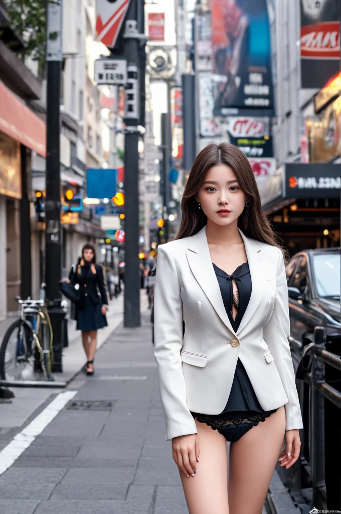 a 18 year old girl, she is the most beautiful actress in the world, the perfect body proportions of this girl, the blazer is firmly worn on the formal shirt which is covering her whole upper body, the panties between her legs are seen just a little thanks to the short skirt is too short, her bare thighs, standing, at the city street, best quality, highly detailed, masterpiece, ultra high res, photo realistic, 8k