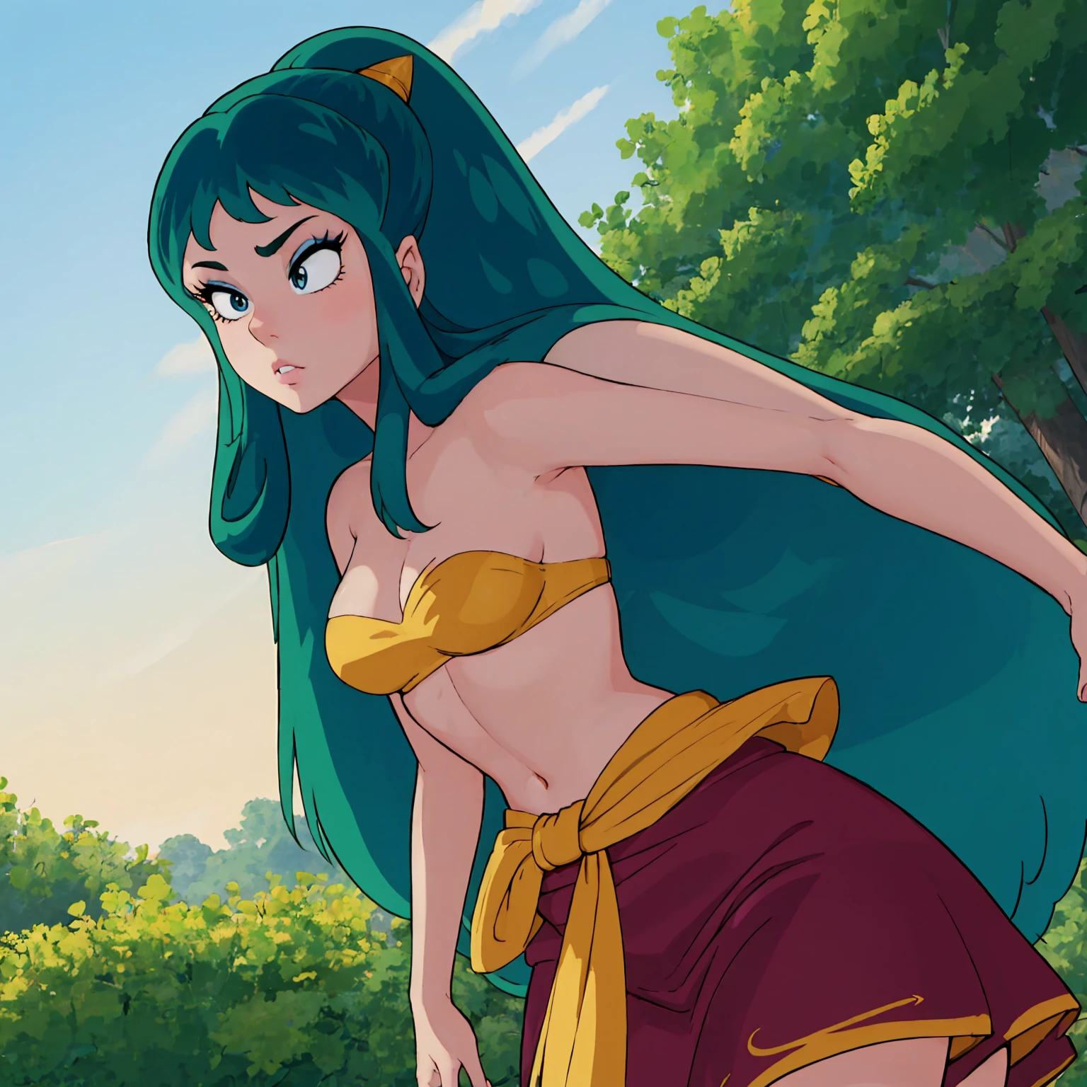 (Lum), long hair, breasts, blue eyes, green hair, strapless, makeup, eyeshadow, tiny horns, score_10, score_9, score_8_up, anime screencap, Vintage style fantasy, masterpiece, Great art, Best quality, 1 girl, Girl close-up, Scandinavian princess, Scandinavian Mountains, Winter weather, Symmetrical and hyper-detailed face, silky skin, Like peach silk, Bright and aggressive green eyes, white and disheveled hair down to the waist, sculpted body, (Sparks: 0.7), Adobe Illustration, Trend on Artstation, 8 k, HD, uhd, Cool and soft lighting,  --q 500 --s 100, -