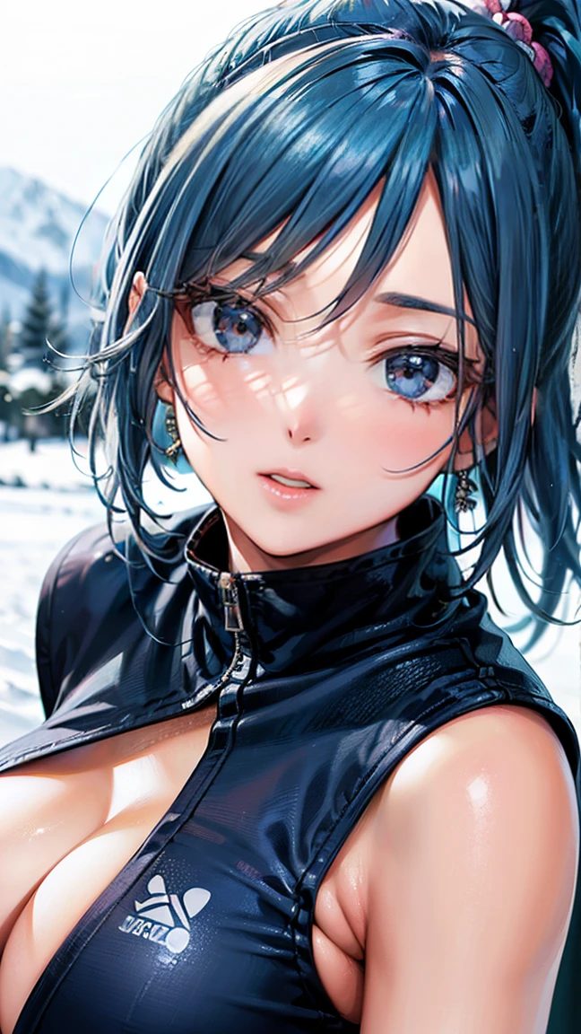 (Masterpiece, BestQuality:1.3), (ultra detailed:1.2), (hyperrealistic:1.3), (RAW photo:1.2), High detail RAW color photo, professional photograph, (Photorealistic:1.4), (realistic:1.4), professional lighting, perfect anatomy, (Big Breasts:1.2), (blush, detailed face), (cheerful Smile:1.5), (Blue Hair:1.5), Trending Hair&Trending Hairカラーをランダムに, earrings, necklace, bracelet, sexly, erotic sexly, Random sexy gravure poses, (A woman wearing ski wear in the winter mountains、Smiling happily。Blonde Ponytail。: 1.3)