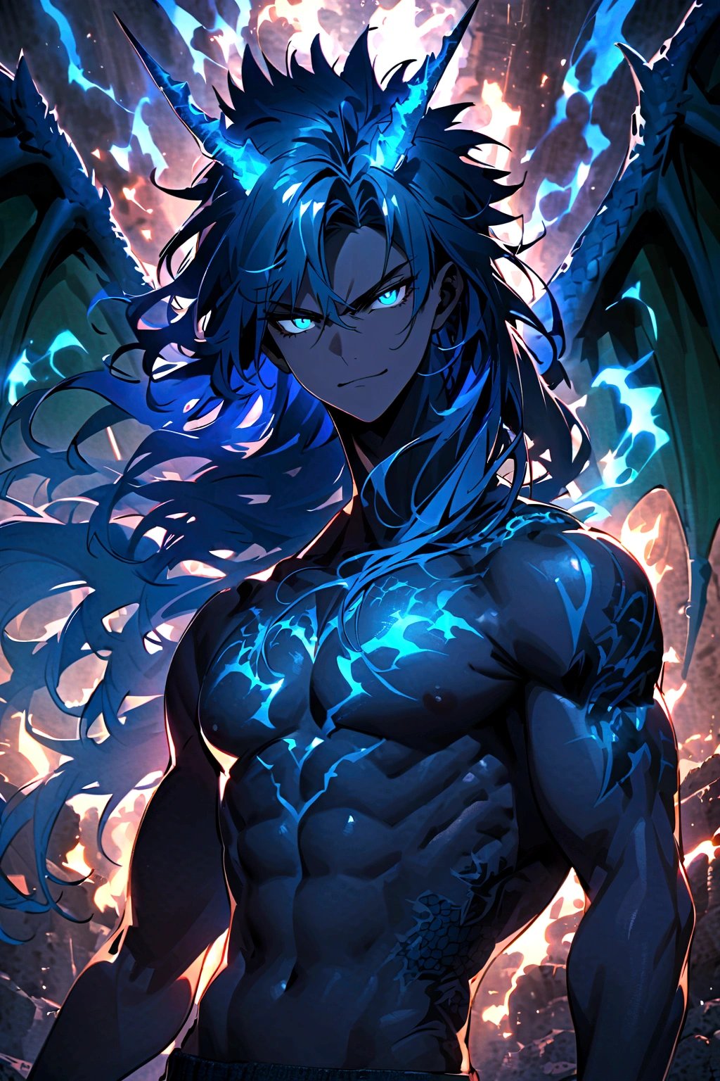 age boy, spiky hair, long hair, bright blue hair, shining blue eyes, serious face, Simple smile, dark blue skin, muscular chest, pair of blue horns, Dragon Wings, tattoos on the body, electric aura