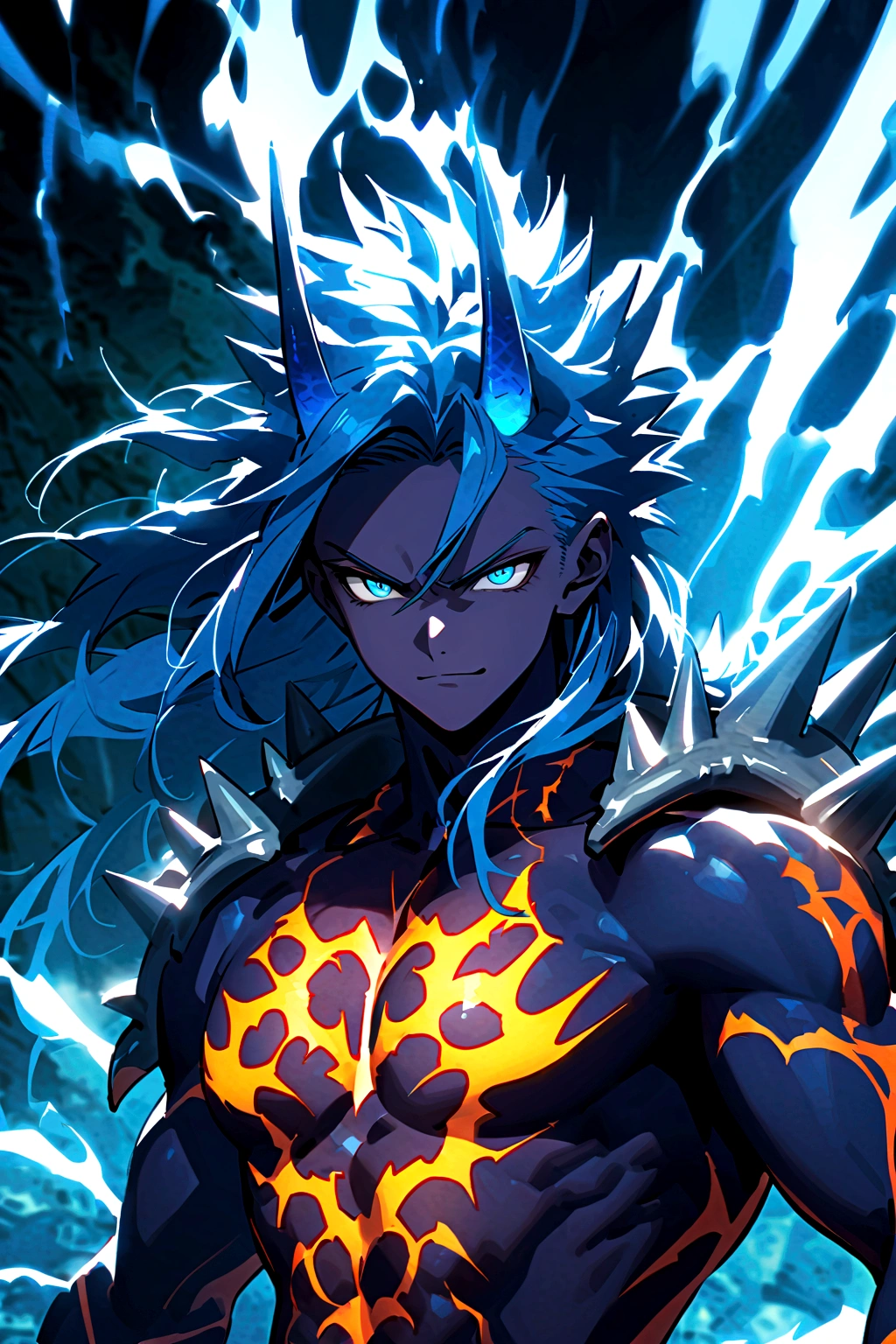 Teenage boy, spiky hair, long hair, bright blue hair, shining blue eyes, serious face, Simple smile, dark blue skin, muscular chest, pair of blue horns, Dragon Wings, tattoos on the body, electric aura