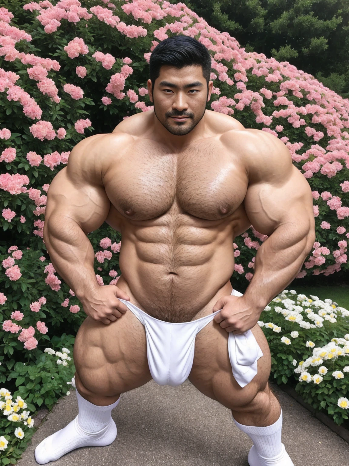 There is only one handsome Asian actor in the photo，35 years old，High target, Fitness，short hair, O-Shaped Beard，Perfect body, Dark skin color，Radiant Skin，Smooth skin，No chest hair，No body hair，Muscle bulge, muscular, Very large pectoral muscles，Very sexy abdominal muscles，Very well-developed leg muscles，Huge concave and convex area，Brightens oily skin，Wearing a white leather shiny thong，Handsome face， Correct and accurate male body proportions, Wear white socks，Put your hands behind your back，Stand among the flowers，Flowers bloom all around。
