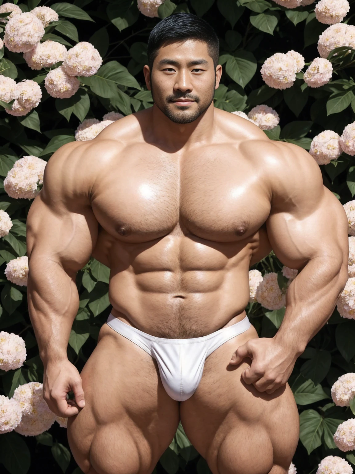 There is only one handsome Asian actor in the photo，35 years old，High target, Fitness，short hair, O-Shaped Beard，Perfect body, Dark skin color，Radiant Skin，Smooth skin，No chest hair，No body hair，Muscle bulge, muscular, Very large pectoral muscles，Very sexy abdominal muscles，Very well-developed leg muscles，Huge concave and convex area，Brightens oily skin，Wearing a white leather shiny thong，Handsome face， Correct and accurate male body proportions, Wear white socks，Put your hands behind your back，Stand among the flowers，Flowers bloom all around。
