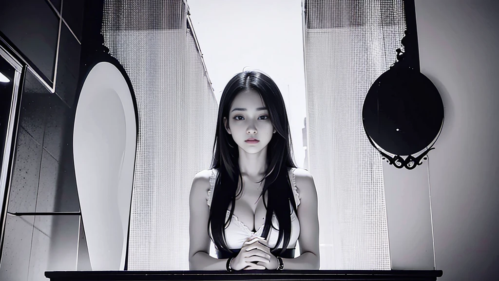black and white,Absolutely beautiful woman,chest,decisive mirror,black and white split,white,decisive,white、With lower level shelves,Destroyed by darkness and light,The Lady of Chastity is symmetrical.,angel wings