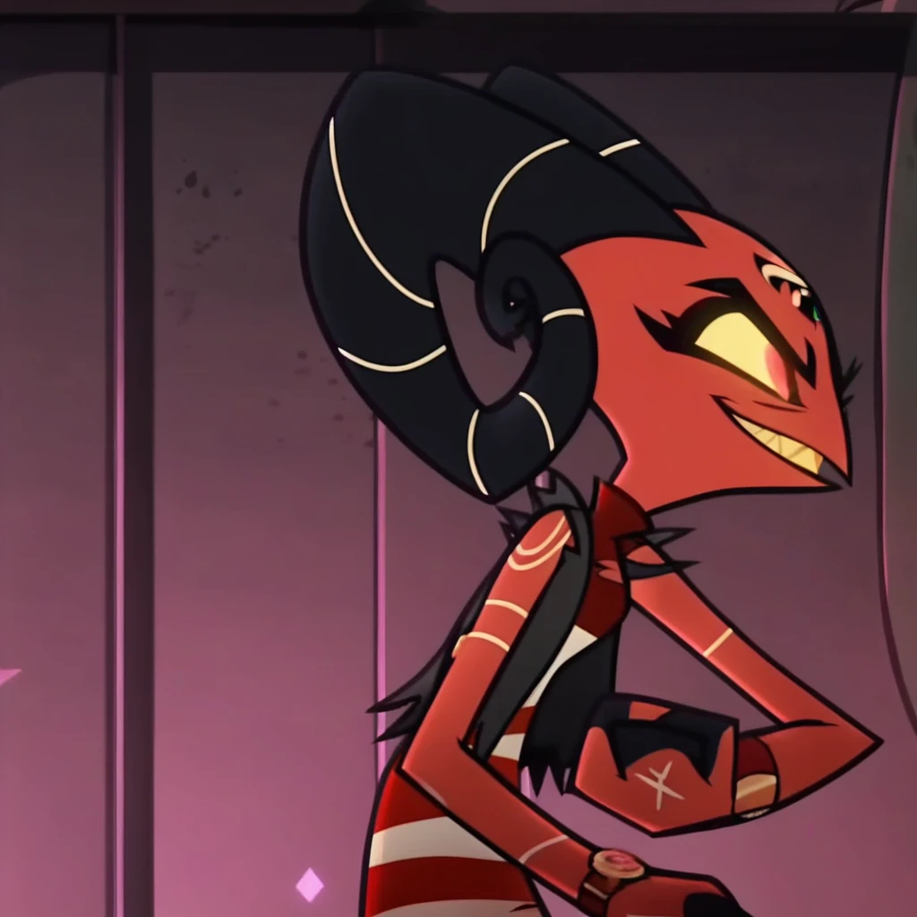 barbie wire, smile, happy, 1girl, demon girl, red skin, forehead tattoo, arm tattoos, horns, striped dress, leather jacket, screencap