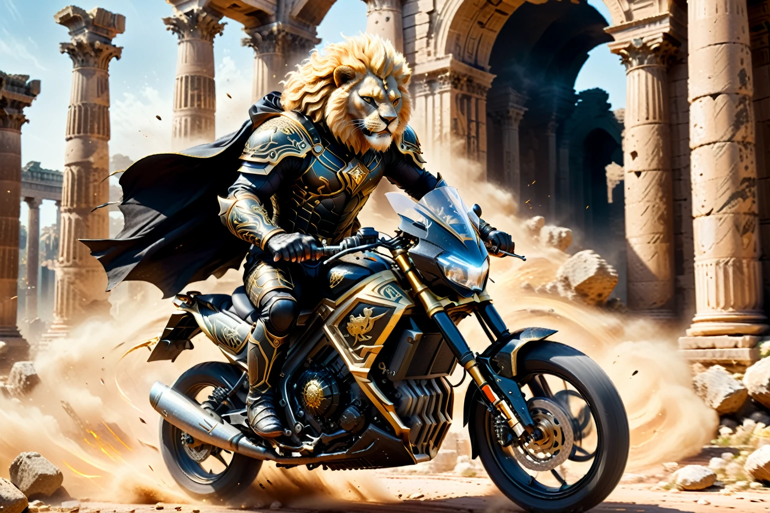 A detailed, close-up view of a Roman gladiator in futuristic, sleek black heavy armor and cape, riding a black and gold lion-shaped Suzuki power bike through Roman architectural pillar ruins, with dust plumes, motion blur, and rocks flying in the air, rendered in the style of Octane.