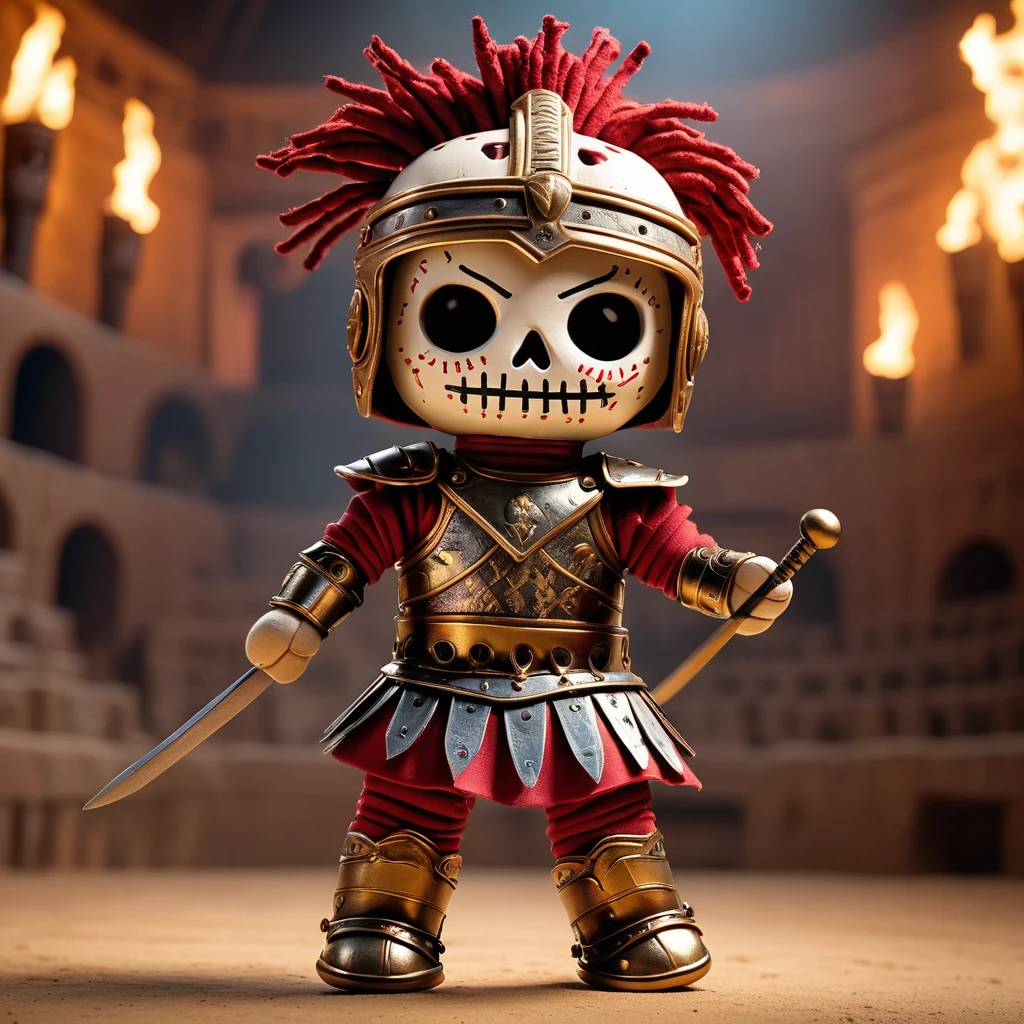 (knitted toy voodoo doll:1.7), (Voodoo doll in the gladiator arena:1.3), (Clothing: Roman gladiator armor with intricate patterns:1.3), (Accessories: enchanted trident emitting sparks, floating gladiator helmets:1.1), (background: ancient coliseum with a roaring crowd, dusty arena floor and intense combat 1.2), best quality, masterpiece, detailed soft oil painting, detailed background, dramatic cinematic lighting, soft edge lighting, professional, dramatic lighting, hard edge lighting, ultra quality, 4k,masterpiece, best quality, 8k, ultra highres, highres, extremely detailed