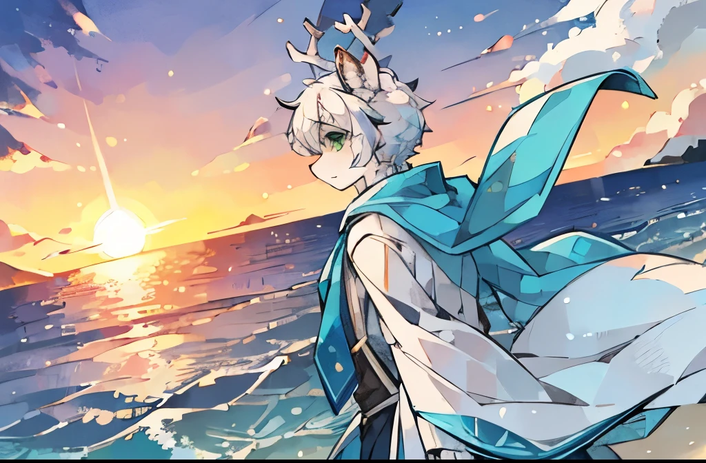 A white deer，Green Eyes，antlers，Flying tie，Cyan tie，Sea，Sunset，Beach，White robe，Sunset，White hair，Sunset