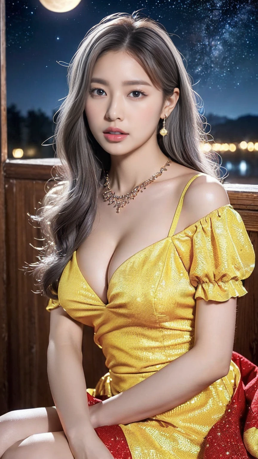 (8K, RAW Photos, Highest quality, masterpiece: 1.2)、((necklace、Gyuru、Yellow Dress、Red panties、Gorgeous dress、all、get up、Crossing your legs)),1 person、((Angle from a distance、Whole body image:、Head to toe angle)), Very detailed, Super Resolution, (Realistic, Actual Photos: 1.37), Portraiture, High resolution raw color photos, Professional photos, Very detailed and beautiful, Very detailed, 8K Picture Wallpaper, Amazing details、Cute beautiful woman with perfect body: 1.4、Slim Big: 1.2、Full body image, ((Gray Hair:1.2、Long Hair, Huge boobs: 1.2)) 、(High-definition breasts、Happy expression)、((night、Beautiful starry sky、Big Moon、Takimae、Women are the main focus))、High resolution face and skin textures、Detailed eyes、double eyelid、Very detailed and focused chest、Seduce others with your breasts:1.2、Mysterious Landscape