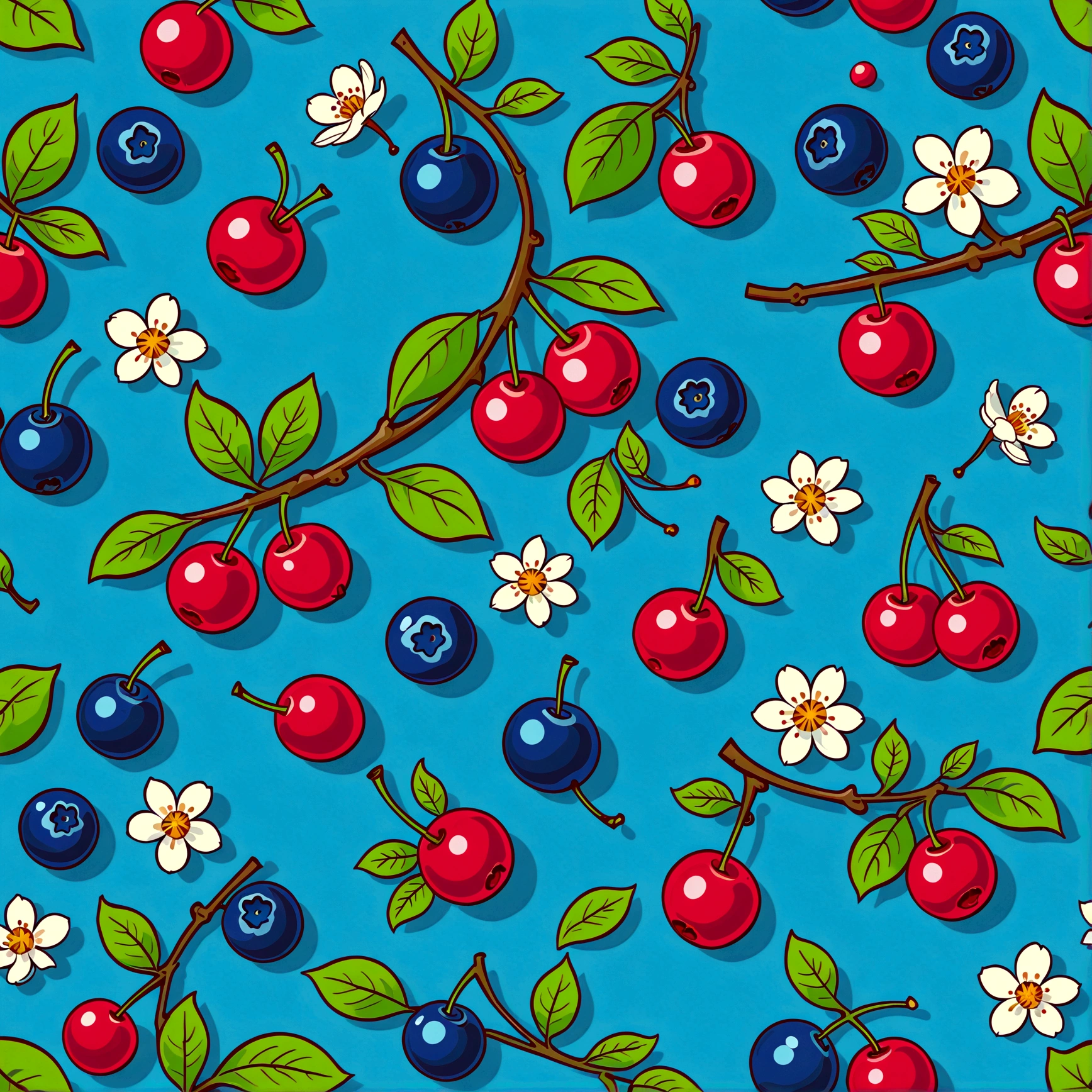 repeating pattern , flat, 2d illustration,digital print, flat background, empty space, vector, art station, digital print, highly detailed clean,Blueberry and wild cherry plum,hand drwan seamless pattern--tile--v 5