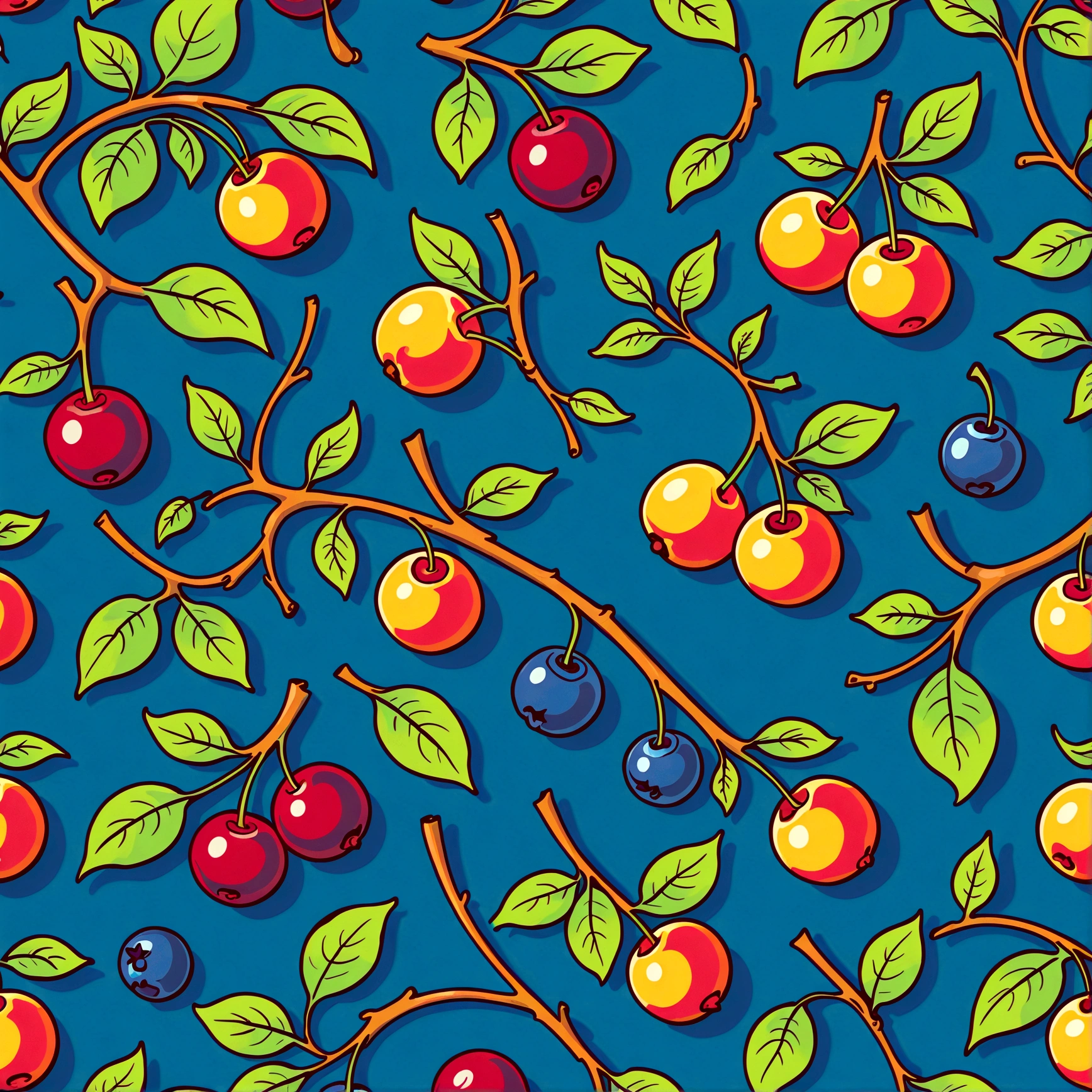 repeating pattern , flat, 2d illustration,digital print, flat background, empty space, vector, art station, digital print, highly detailed clean,Blueberry and wild cherry plum，hand drwan seamless pattern--tile--v 5