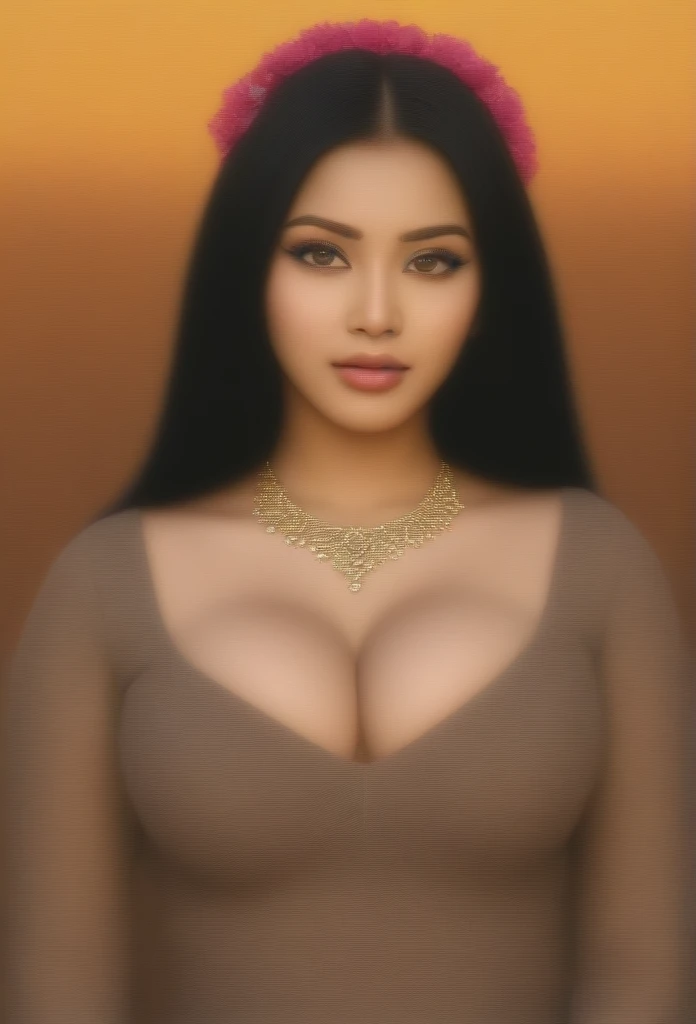 (anime,realistic:1.2),[Asian woman],[beautiful detailed eyes],[beautiful detailed lips],[big breasts],[long black hair],[traditional Indian clothing],[vibrant colors],[ornate jewelry],[flower garland],[henna tattoos],[busy market scene],[spices and fabrics in the background],[golden sunset],[rich cultural atmosphere],[soft warm lighting]