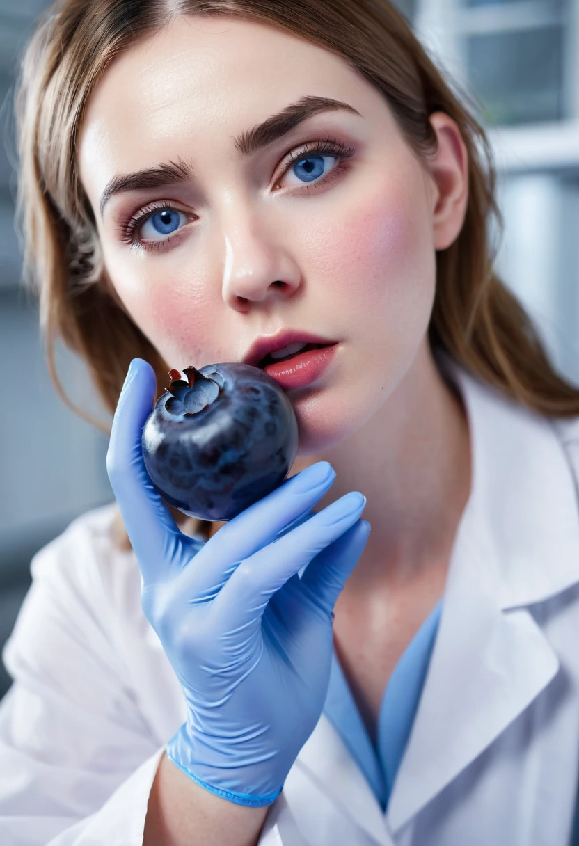 A female scientist had a mishap with her powerful blueberry serum and she is swelling into a large blueberry as a result