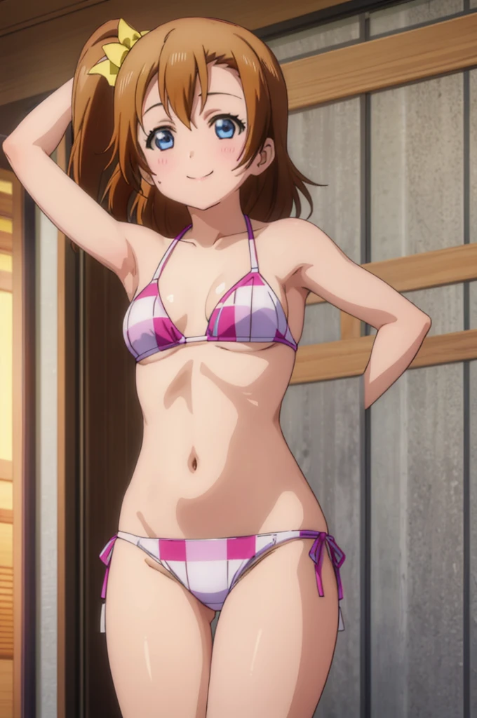 (((pixel-perfect, detail-perfect))), solo, 1girl, honoka kousaka, smile, sauna, bikini, armpit, medium filesize, ultra High Qality