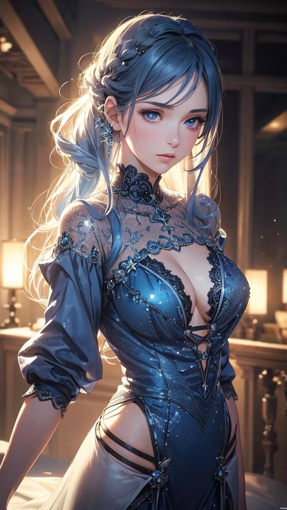 a girl in a blue , beautiful detailed eyes, beautiful detailed lips, extremely detailed eyes and face, long eyelashes, standing, surrounded by flickering dream lights, (best quality,4k,8k,highres,masterpiece:1.2),ultra-detailed,(realistic,photorealistic,photo-realistic:1.37),HDR,UHD,studio lighting,ultra-fine painting,sharp focus,physically-based rendering,extreme detail description,professional,fantasy,magical realism,dreamlike