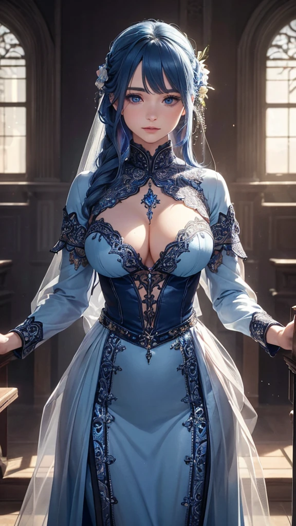 a girl in a blue , beautiful detailed eyes, beautiful detailed lips, extremely detailed eyes and face, long eyelashes, standing, surrounded by flickering dream lights, (best quality,4k,8k,highres,masterpiece:1.2),ultra-detailed,(realistic,photorealistic,photo-realistic:1.37),HDR,UHD,studio lighting,ultra-fine painting,sharp focus,physically-based rendering,extreme detail description,professional,fantasy,magical realism,dreamlike