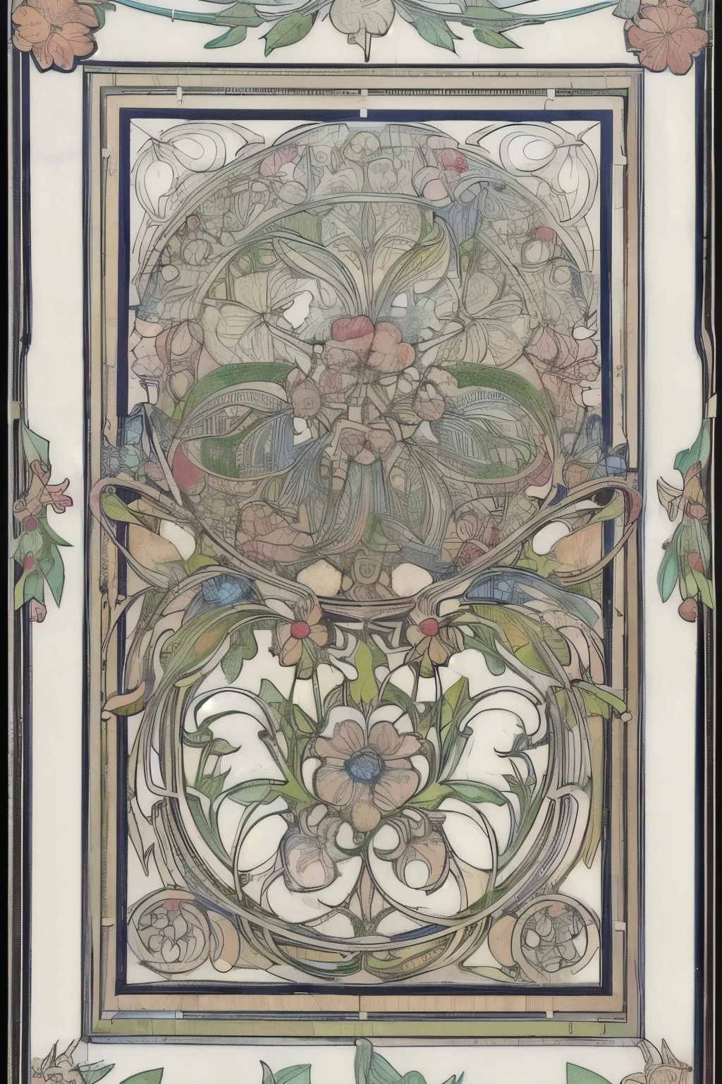 Flower Painting, Floral frame, Decorative panel, Abstract Art of Alphonse Mucha, sketchfab, 色や影のないLine artやシーン. (masterpiece, Better Quality, High resolution: 1.4), be familiar with, Intricate details, 4K, Color Splash, Line art, Fibonacci, 