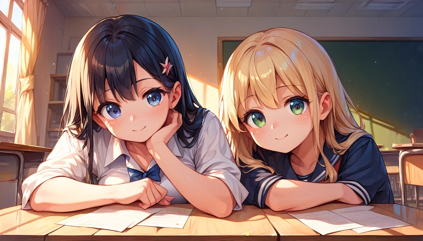 ((2girls:1.3)), ((moe style:1.3)), battleship deck, classroom, ((perfect face)), ((extremely cute:1.3)), ((masterpiece:1.3)), ((8k)), ((best quality:1.3)), ((beautiful)), ((extremely detailed:1.3)) , ((absurdres)), AddXL, ((score_9:1.3)), ((score_8_up:1.3)), ((score_7_up:1.3))