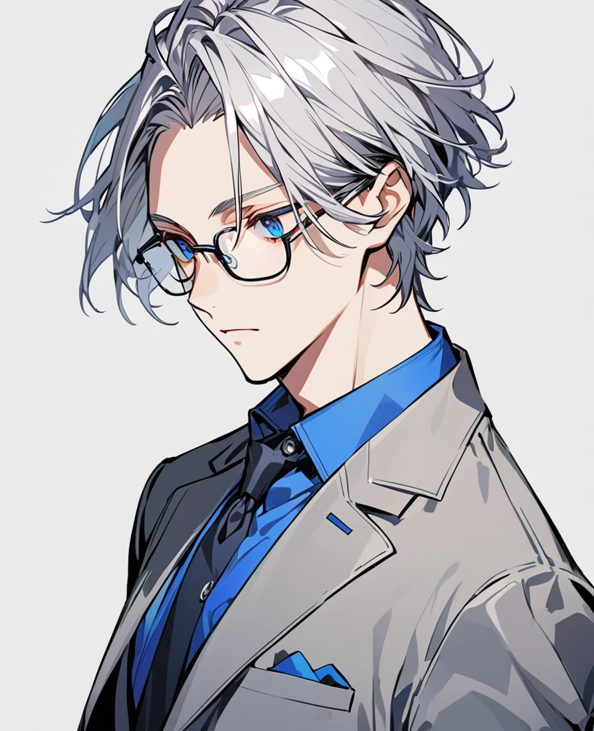 handsome, solo, 1 male, modern,Perfect face, extra detailed eyes,(short cut hair),(forehead two-block cut hair),(silver hair),(dark blue eyes),glasses,expressionless,gray suit,necktie,from front,looking away,hair between eyes,simple background
