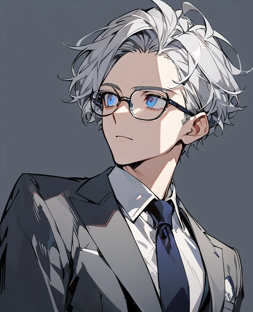 handsome, solo, 1 male, modern,Perfect face, extra detailed eyes,(short cut hair),(forehead two-block cut hair),(silver hair),(dark blue eyes),glasses,expressionless,gray suit,necktie,from front,looking away,hair between eyes,simple background
