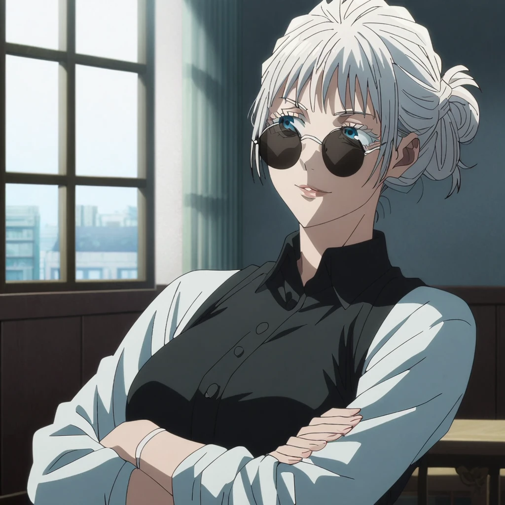 1girl, female gojo satoru, anime screencap from jujutsu kaisen, gojo satoru female version, solo, long_hair, blue eyes, ((white eyelashes)), ((white_hair)), window, breasts, upper_body, smile, indoors, book, bangs, blue_eyes, lips, (wearing round sunglasses) , ((her hairstyle : The character in the image has long, "straight white hair")) wearing black colour collared outfit, breast, "very detailed and high resolution" (blue eyes) ((cross arms)) 